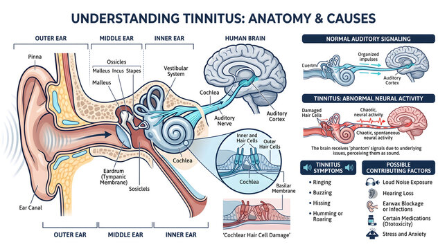 Medical diagram of ear anatomy and auditory nerve pathways showing physiological causes of chronic ringing and hearing loss mechanisms in the brain