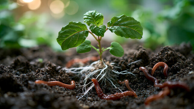 Tiny green seedlings thrive in fertile black soil, with earthworms near their root system.
