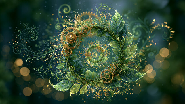 Magical fantasy steampunk green leaves spiral wreath with golden gears and sparkling lights background.