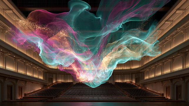Waves of glowing, multicolored smoke particles circulate within the dark classical theater.