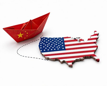 Red paper boat with china flag sailing toward the united states map