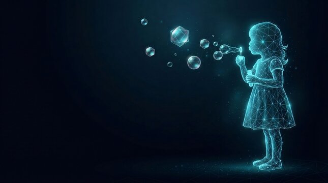 Glowing digital wireframe little girl blowing soap bubbles in a dark futuristic cyberspace environment with wireframe child glowing polygon cyber childhood hologram