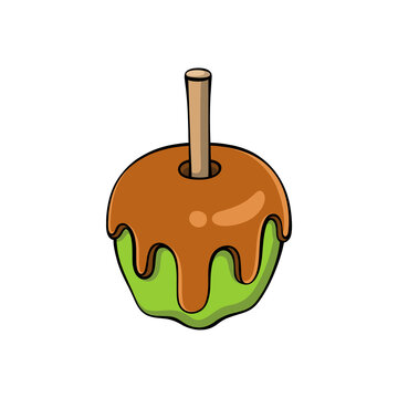 Delicious green candy apple coated in dripping brown caramel syrup on a stick cartoon vector illustration transparent background
