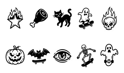 Halloween skater doodle icon set with flaming skull, pumpkin, bat, ghost and skeleton skateboard sketch style symbols © MdShagarAli