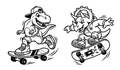 Skateboarding dinosaur cartoon set with T rex and triceratops wearing cap and hoodie riding skateboard illustration line art © MdShagarAli