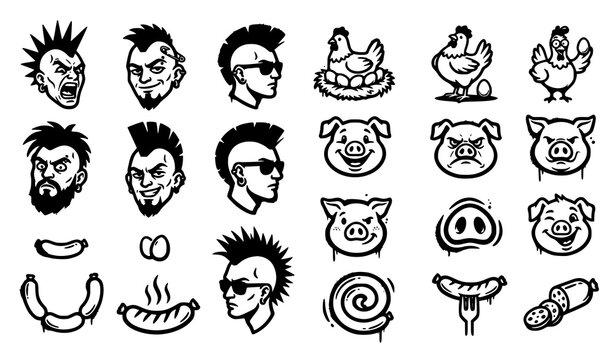 Punk mohawk face and farm icon set with graffiti pig, chicken, egg and sausage spray paint style flat symbols
