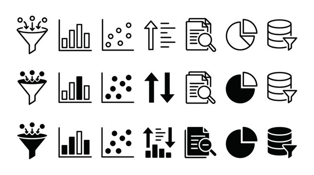 Set of data processing analytics and statistics vector icons featuring funnels charts scatter plots and databases