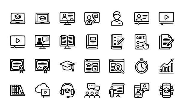 Online education line icon set with laptop, graduation cap, book, certificate, quiz and video lesson learning symbols