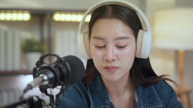 Podcast digital creator home studio microphone headphone female asian recording host shares stories with calm voice in cozy indoor setup, focused at desk with warm light for audio broadcast