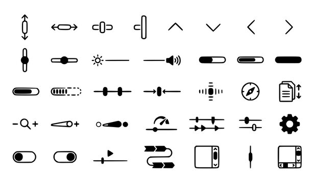 UI slider control icon set with toggle switch, volume, brightness, zoom, gear and navigation arrow interface symbols