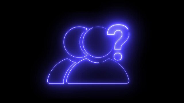 Neon blue icon shows two figures with question marks. One figure has a glowing question mark beside head. Dark background highlights glowing outline. Suggests uncertainty, confusion