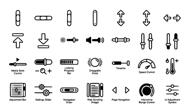 UI slider scrollbar icon set with drag handle, volume, brightness, speed control and adjustment bar interface symbols