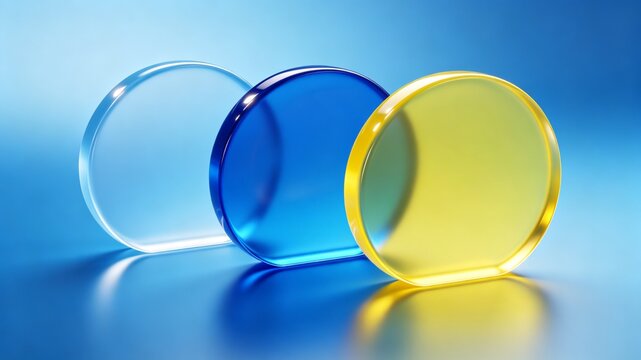 Transparent Blue and Yellow Glass Rings on Reflective Gradient Background