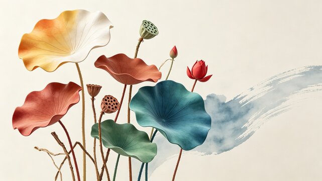 Elegant Abstract Lotus Flowers and Leaves with Earth Tone Colors and Watercolor Brush Accent