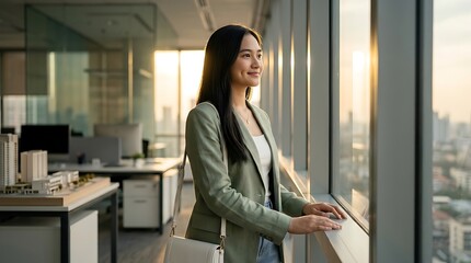 Fototapeta premium Professional Business Woman Smiling While Looking Out of Office Window at Sunset