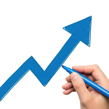 Hand drawing a blue rising arrow graph for business growth isolated on transparent background