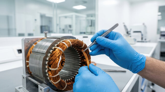 Sustainable energy drivetrain research supports precise electric motor assembly in clean laboratory
