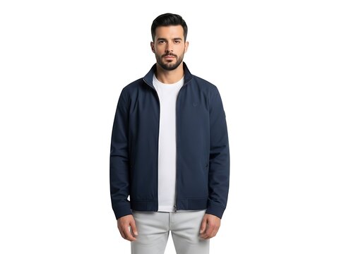 A handsome man wearing a stylish navy blue zip up jacket and white shirt