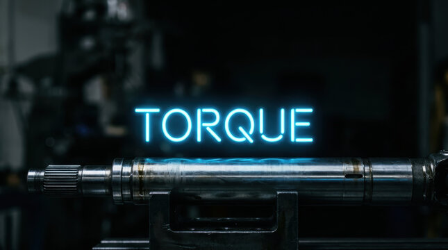 Sustainable energy drivetrain research highlights polished metal torque shaft in dark industrial workshop with glowing blue text