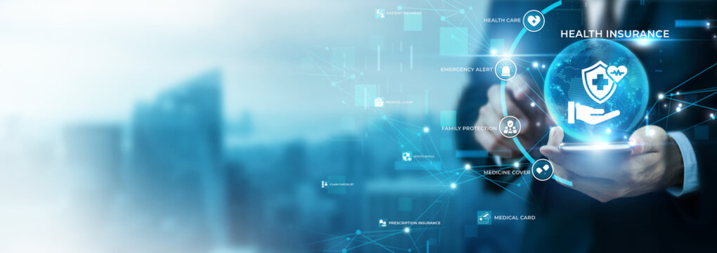 Businessman Using Phone for Health Insurance and Global Data Analysis. Medical Claim Policy, Corporate Employee Healthcare, Risk Protection Coverage, Life Benefit Management