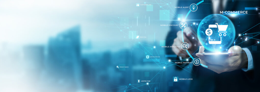 Businessman Using Phone for Mobile Commerce and Global Data Analysis. M-Commerce Online Shopping, Smartphone Payment Gateway, Digital Retail Transaction, Consumer Mobile Store