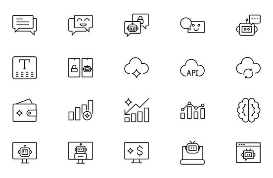 AI Chatbot Line Icon Set for Artificial Intelligence Assistant, Conversational AI, Virtual Support, Machine Learning, Automated Messaging and Smart Communication Outline Vector Collection