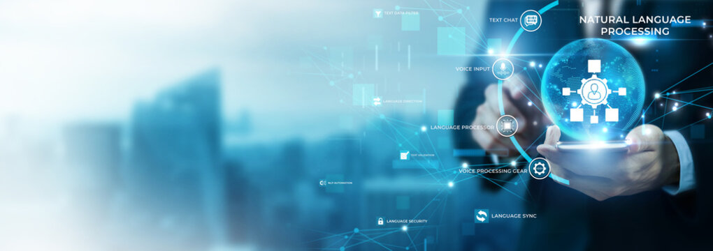 Businessman Using Phone for Natural Language Processing and Global Data Analysis. AI NLP Text Processing, Computational Linguistics Tech, Smart Voice Assistant, Machine Learning Code