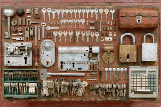 Lock parts, on a neutral surface with soft studio light and clean shadows