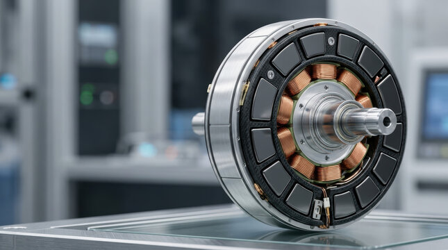 Sustainable energy drivetrain research featuring exposed electric motor rotor with copper coil and metal housing