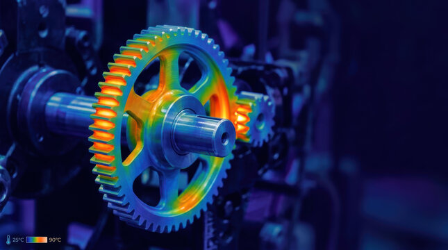 Sustainable energy drivetrain research using thermal imaging reveals colorful industrial gear mechanism with precise engineering detail