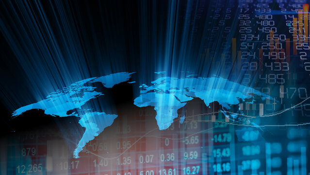Global economics and international financial market analysis concept. Glowing blue world map silhouette overlaying digital stock market financial chart graph data and exchange trading index numbers.