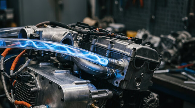 Electric drivetrain research supports sustainable energy innovation with glowing blue technology in advanced mechanical workshop