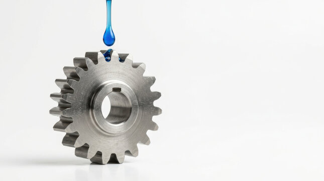 Metal gear with blue oil drop illustrating sustainable energy drivetrain research and mechanical engineering innovation