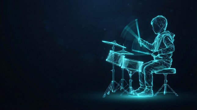 Neon blue digital wireframe drummer playing a drum kit in a dark virtual environment with digital musician musical instrument glowing mesh neon light 3D illustrati