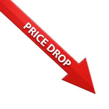 Red arrow pointing down with the text price drop isolated on transparent background
