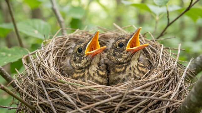 Two tiny baby thrush birds in a cozy nest with wide-open beaks, eagerly begging for food from their parents
