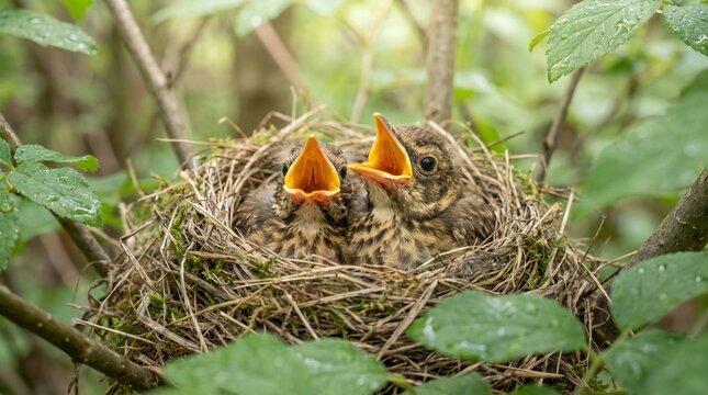Two small baby birds in their nest, with wide open beaks, eagerly begging for food amongst green leaves
