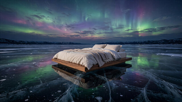 Luxury platform bed sitting on a vast sheet of clear black ice reflecting a faint colorful aurora sky.