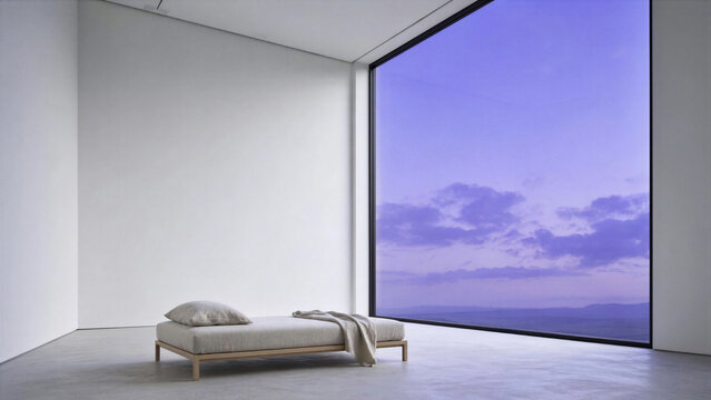 Minimalist linen daybed inside a massive white gallery hall with a single window framing a violet sky.