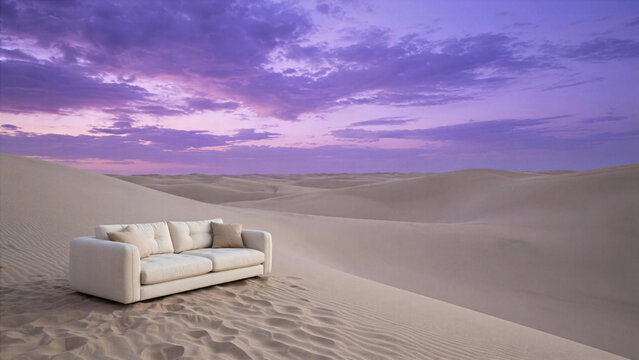 Contemporary cream couch on a vast smooth sand dune under a striking soft purple twilight sky. Copy space.