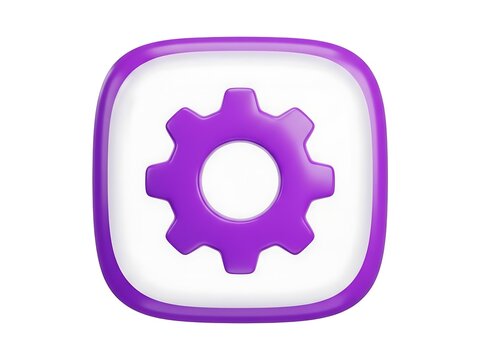 A vibrant purple gear icon centered within a rounded square interface button
