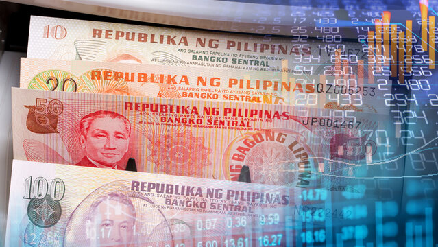 Philippine peso currency and Southeast Asian financial market analysis concept. Philippine peso banknotes from Bangko Sentral ng Pilipinas overlaying digital stock market financial chart graph data 