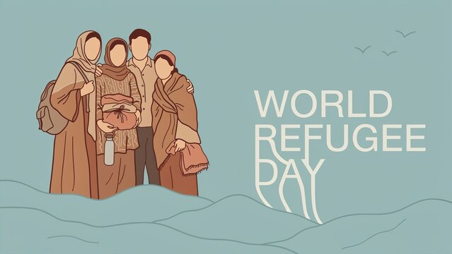 Group of refugees standing together for world refugee day