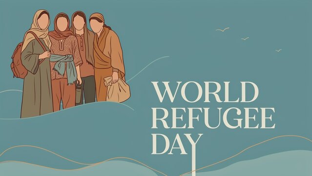 Group of refugees walking on world refugee day poster