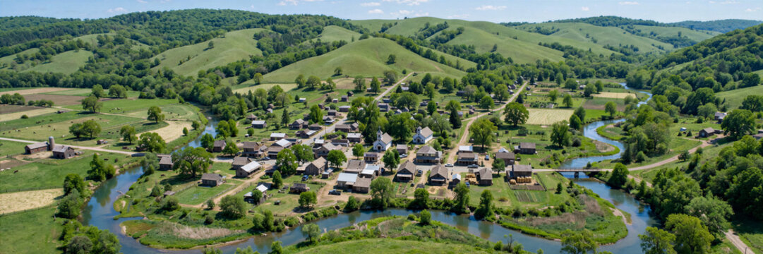Aerial drone panoramic shot of small rustic American town surrounded by green rolling hills and rivers banner