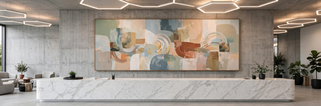 Modern tech company reception area clean marble counter large abstract painting concrete wall header banner