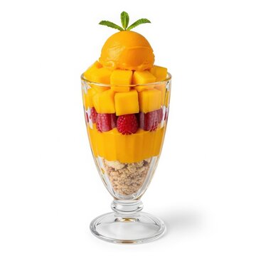 Fresh orange mango parfait in a glass isolated on white background