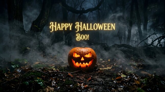 Happy halloween boo text with a glowing carved jackolantern pumpkin in a dark, misty, and spooky forest setting