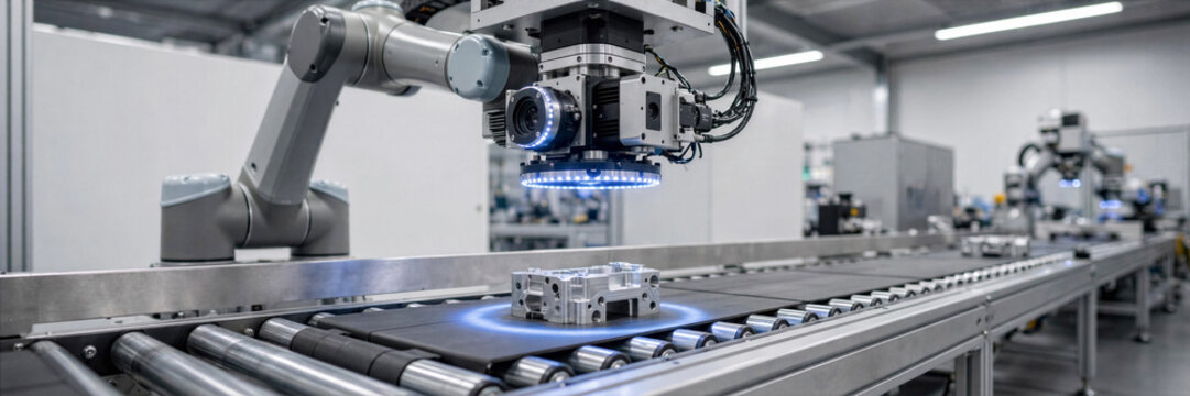 Precise industrial quality control inspection robotic optical sensor scanning component on conveyor banner