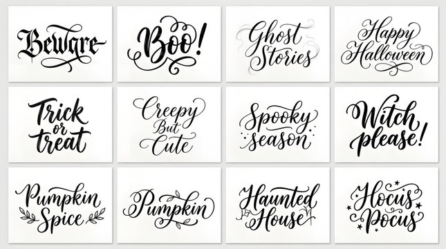 Set of halloween calligraphy phrases isolated on white background